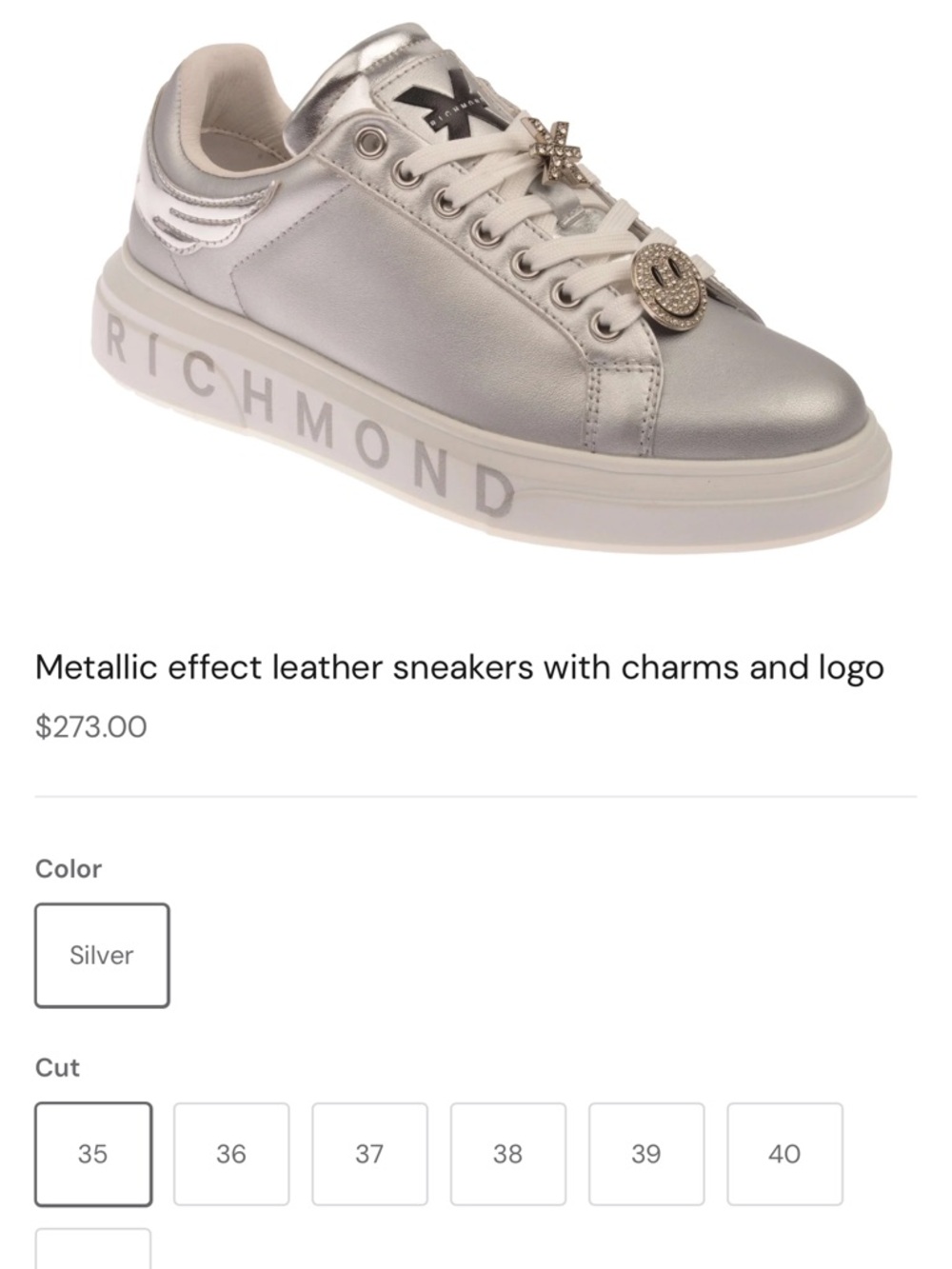 John Richmond Metallic Silver Leather Sneaker with Charm Accents